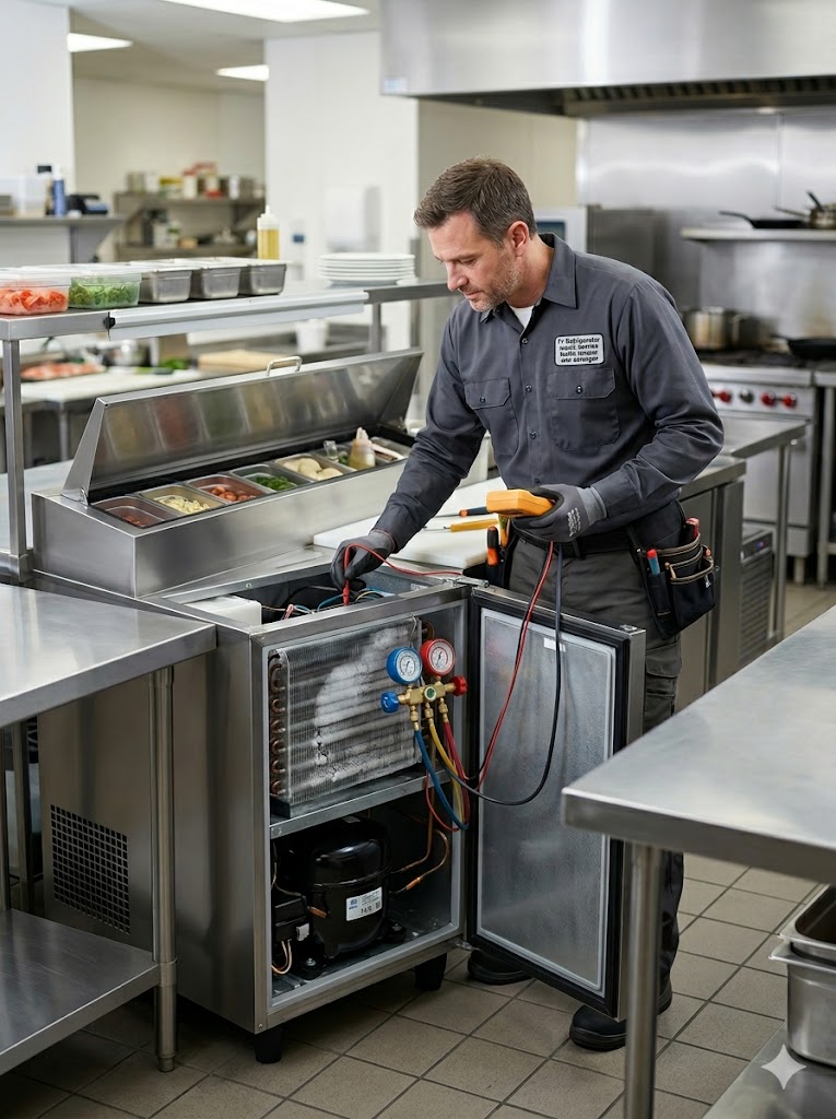 Technician performing commercial refrigerator repair and maintenance in a restaurant kitchen in Kuala Lumpur.
